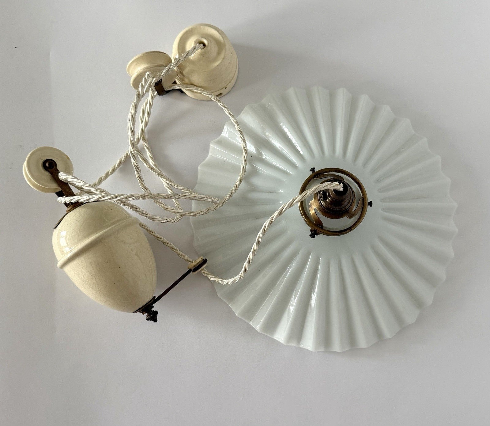 Antique original French rise & fall ceiling light pleated opaline glass shade Z10