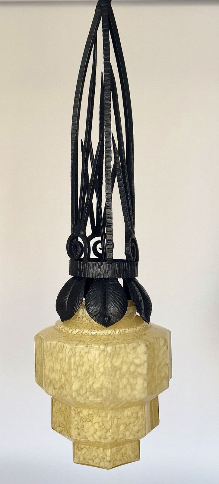 French Art Deco Skyscraper Marbled Stepped Glass & Iron Pendant Ceiling Light4