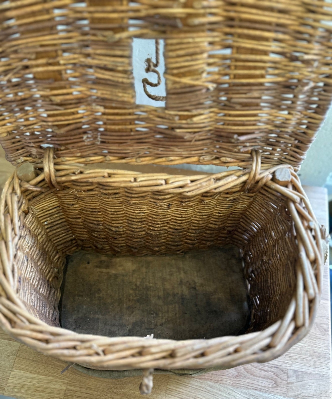 Large Antique French Wicker + Wood Fishing Creel Anglers Kitchen Basket 42cm5