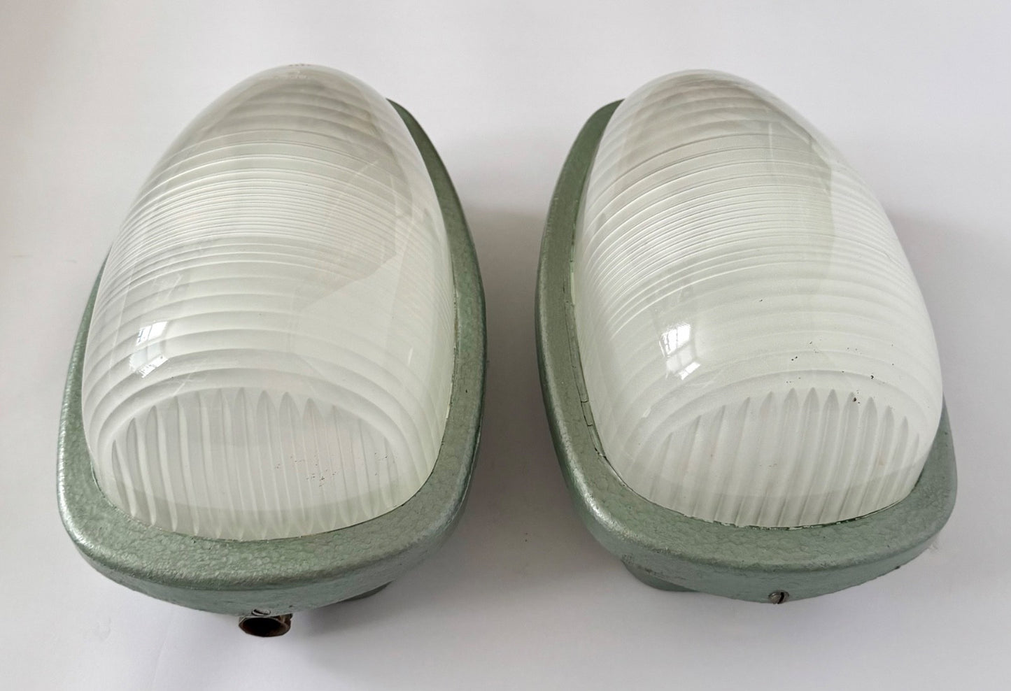 Pair Holophane Industrial Wall Light Sconces French 1950s Metal Glass AE2002