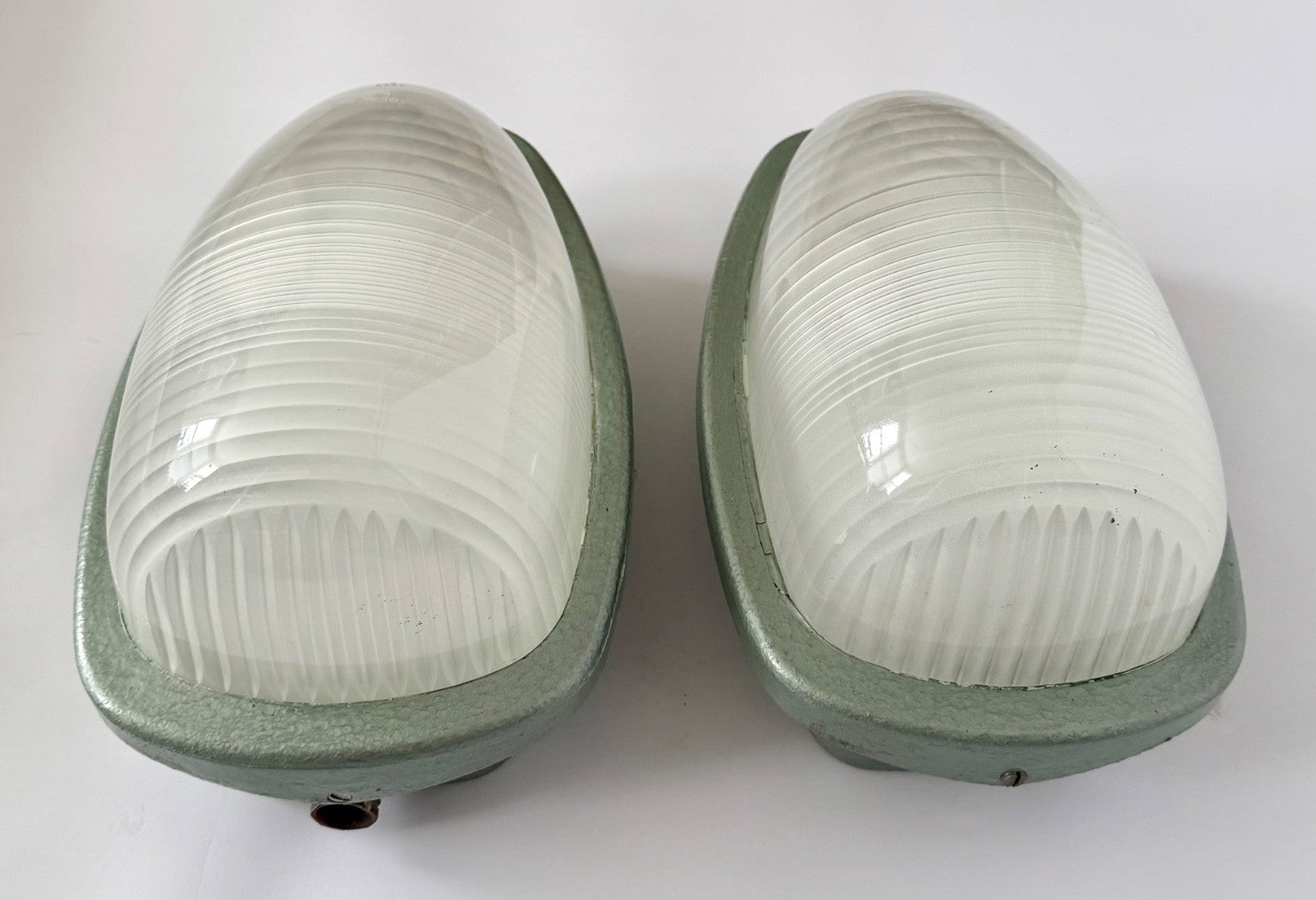 Pair Holophane Industrial Wall Light Sconces French 1950s Metal Glass AE2002