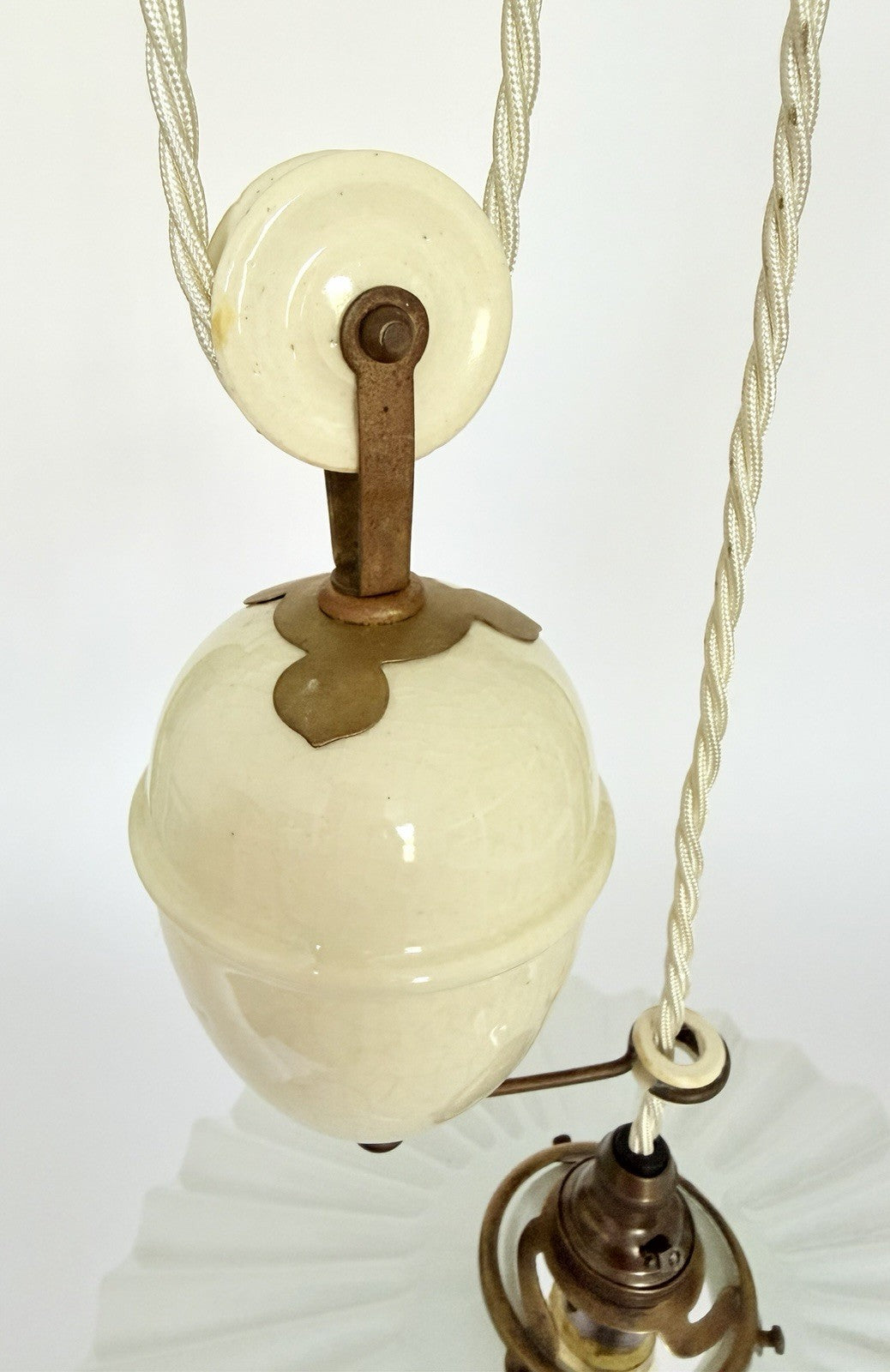 Antique original French rise & fall ceiling light pleated opaline glass shade Z8