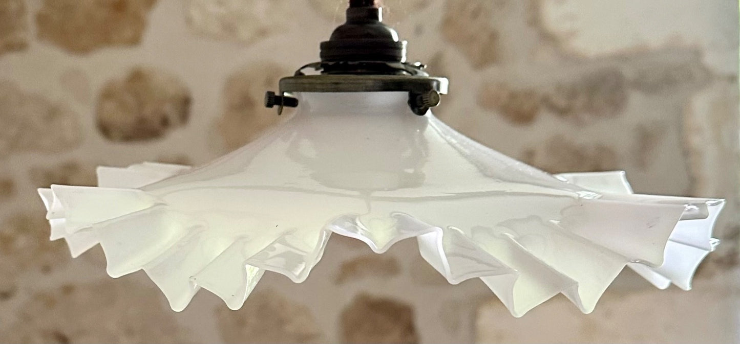 Vintage French opaline glass wavy pleated coolie light shade white + fittings0
