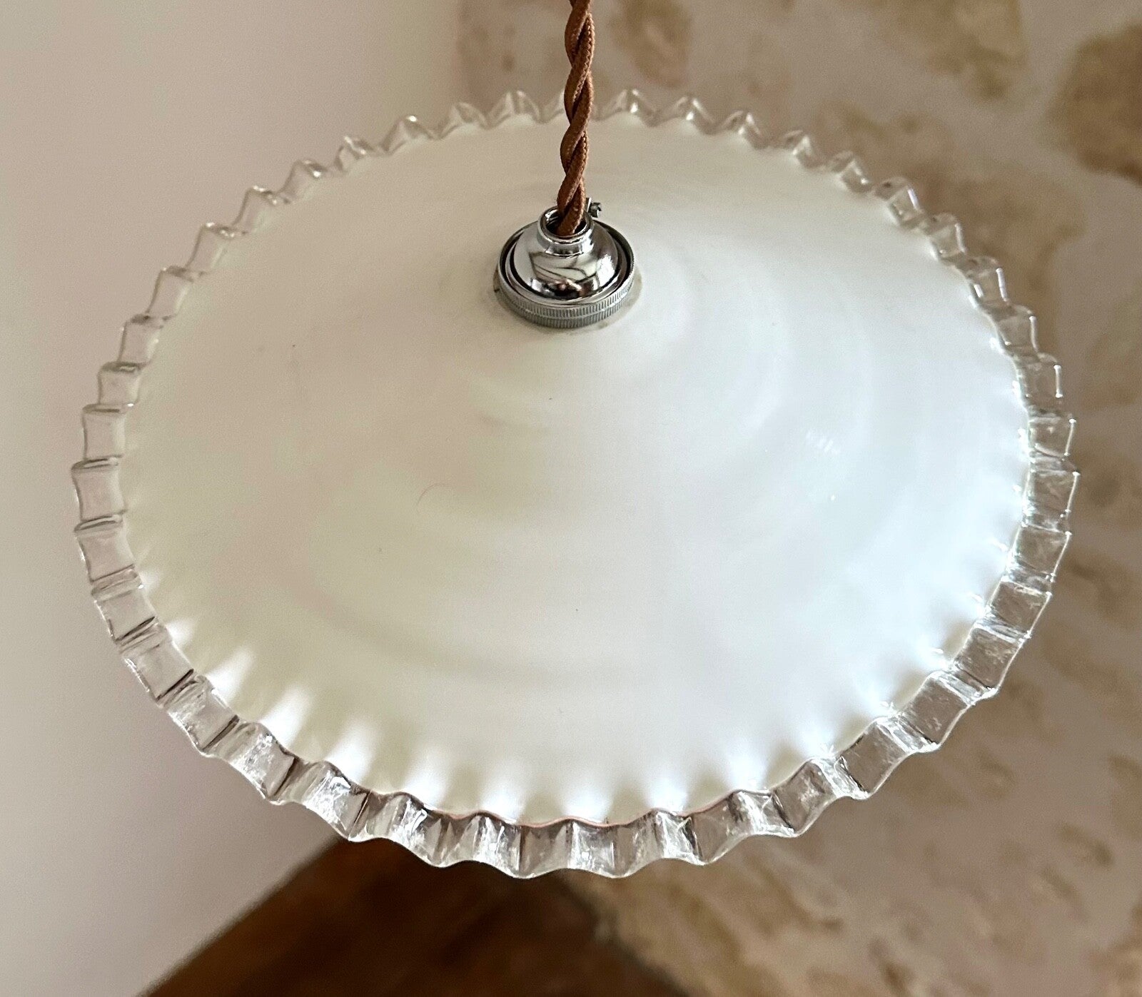 Vintage French opaline fused glass piecrust coolie ceiling light milk glass3