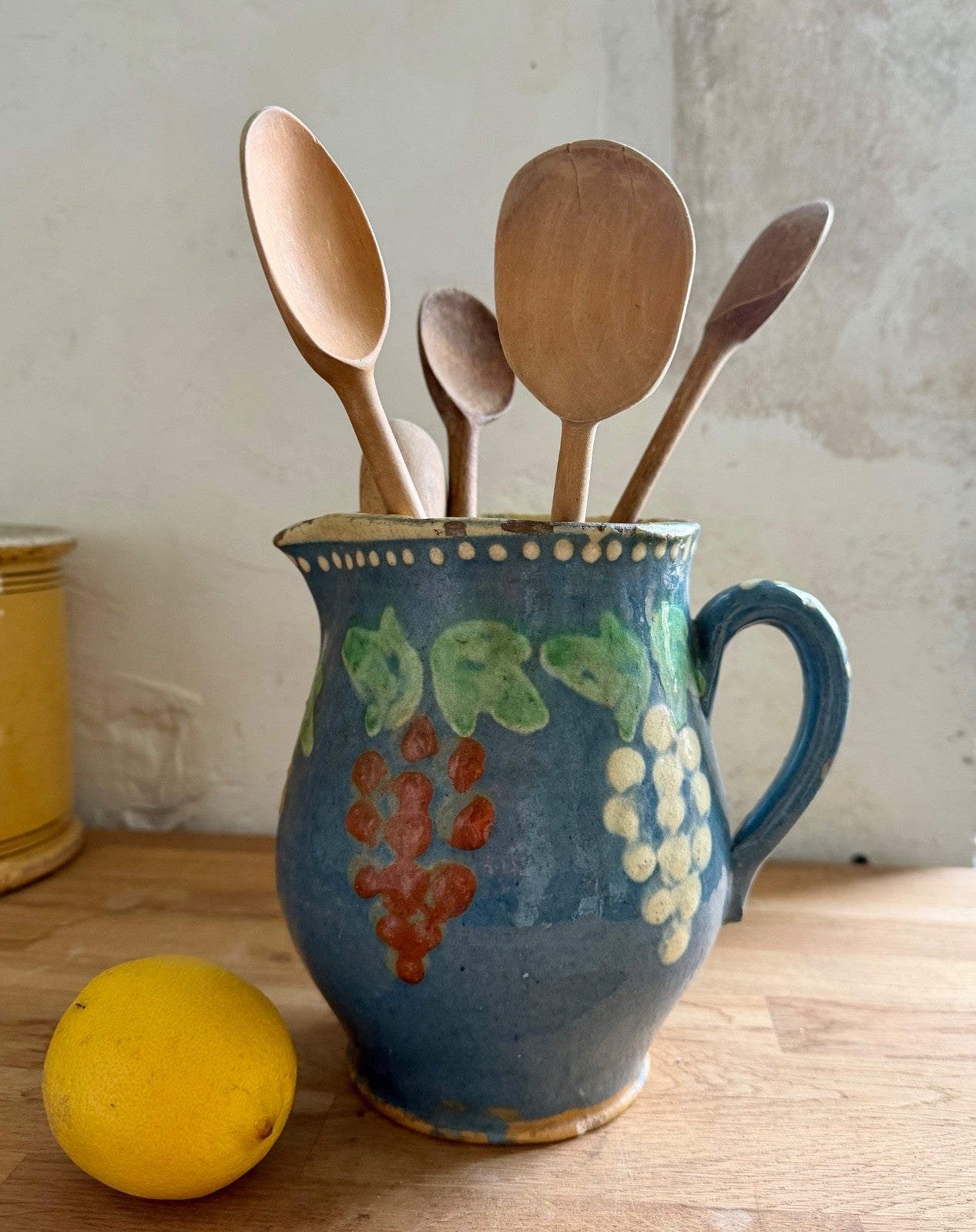 Large Antique 19th C French Jug Alsace Savoie Terracotta Pitcher Blue Decorated1