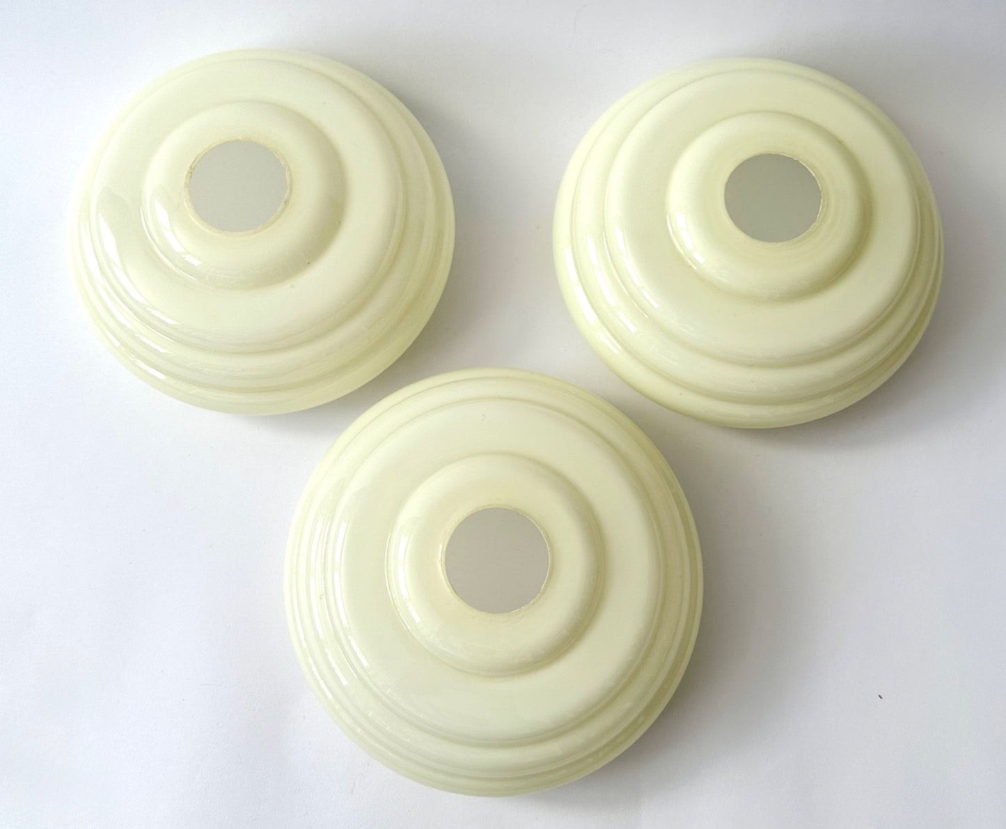 3 vintage French glass light shades chandelier pale green white 1930s2