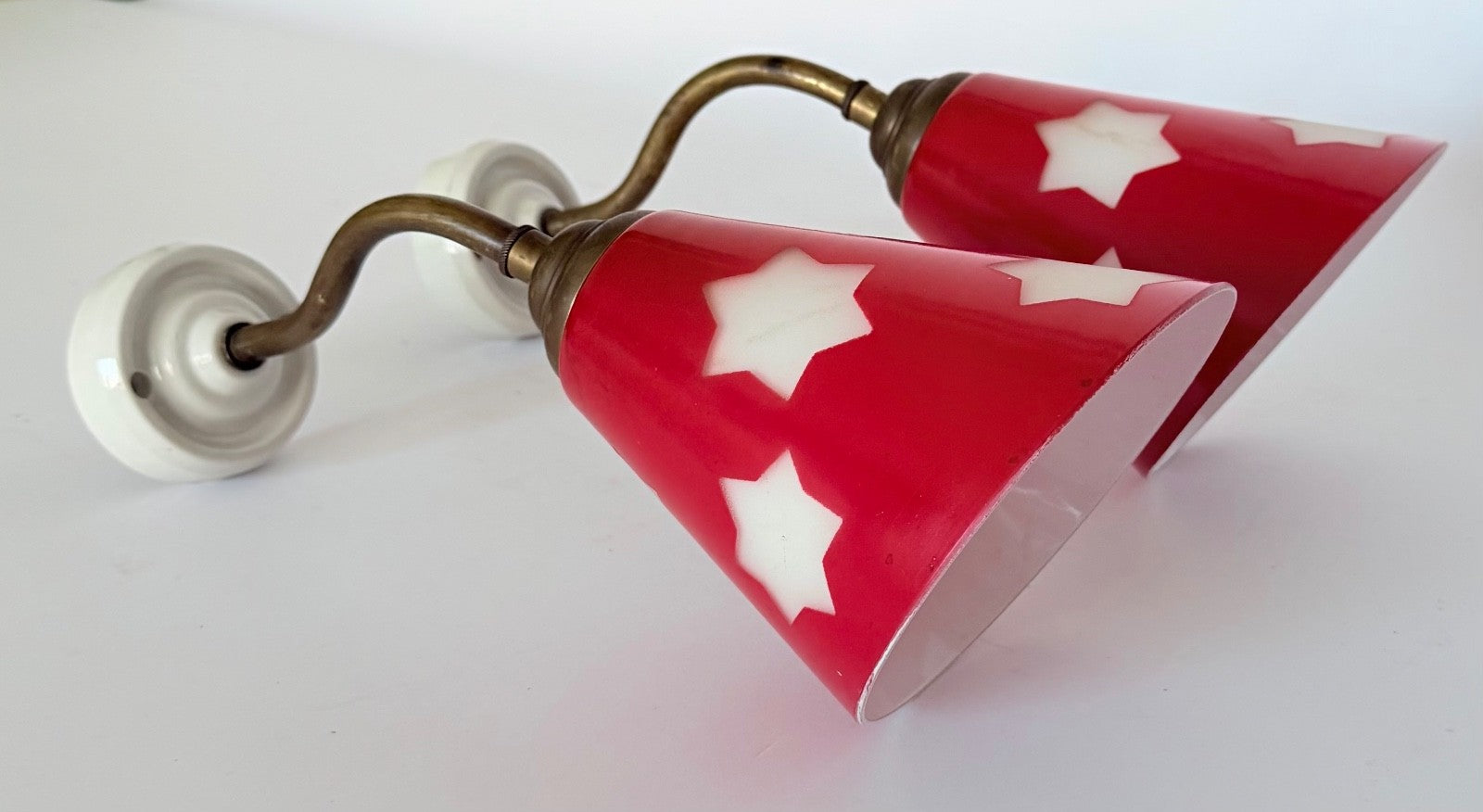 Pair vintage red glass wall lights brass stars ceramic rewired 1950s sconces2