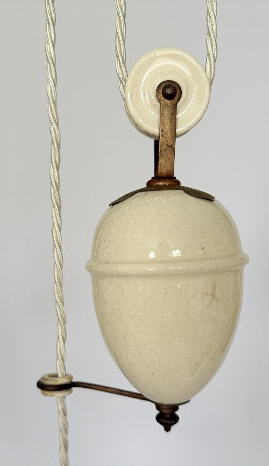 Antique original French rise & fall ceiling light pleated opaline glass shade Z5