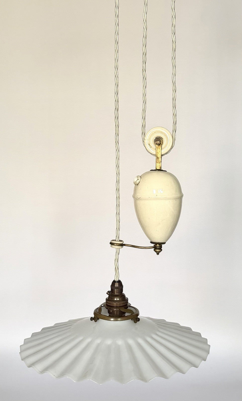 Vintage original French rise & fall ceiling light pleated opaline glass shade S1