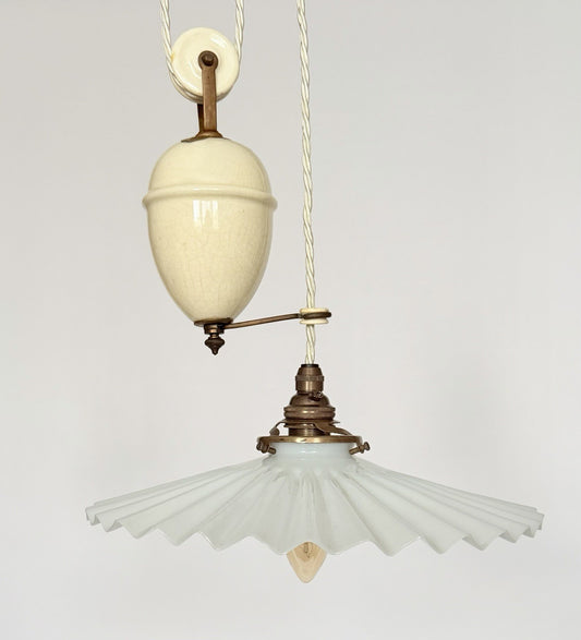 Antique original French rise & fall ceiling light pleated opaline glass shade Z0