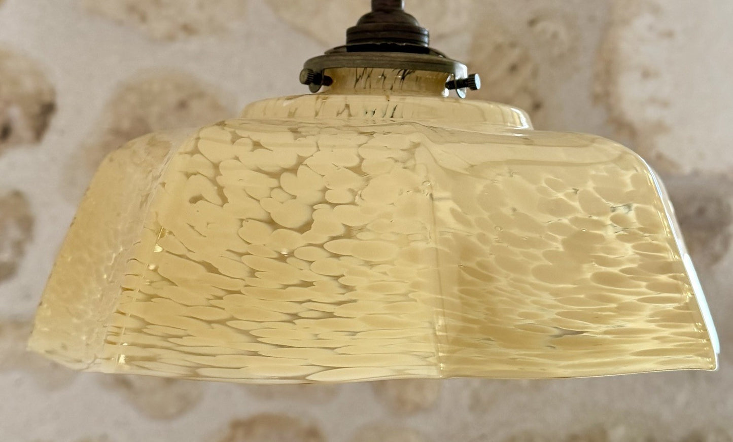 Vintage French marbled glass ceiling light shade pale yellow umbrella + fittings2