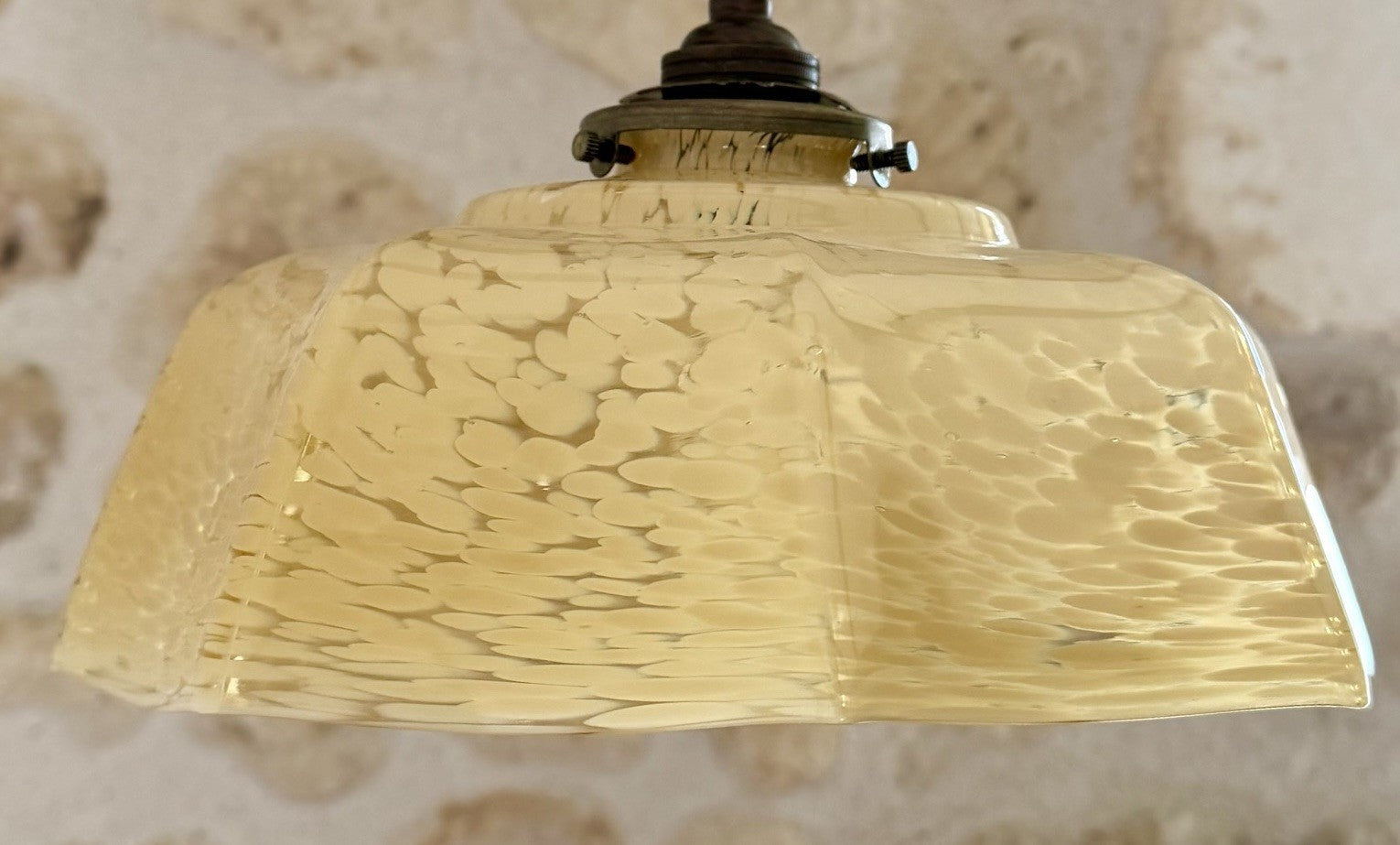 Vintage French marbled glass ceiling light shade pale yellow umbrella + fittings2