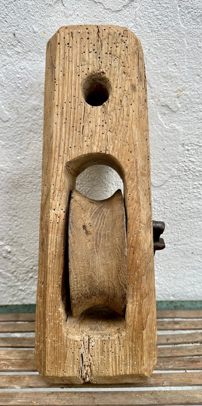 Large Antique Wooden Pulley & Block Oak Forged Iron French Barn Ship Folk Art0