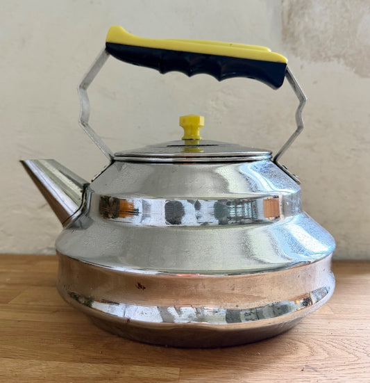 1950s Vintage Chrome Stove Kettle Famo Yellow Black Handle French 2.2 litres0