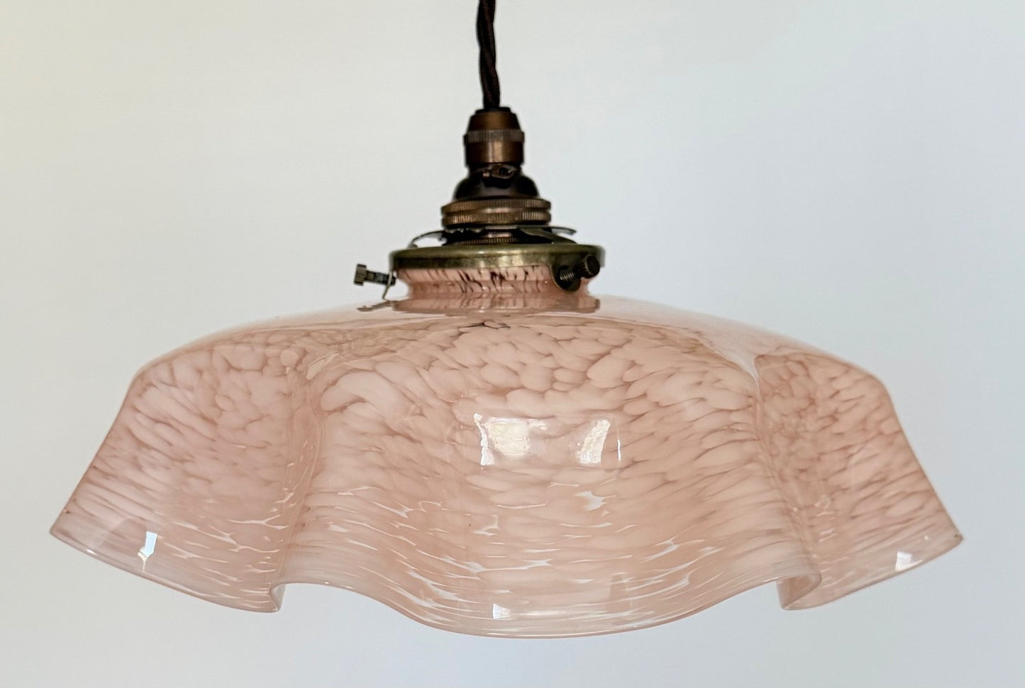 Vintage French marbled glass ceiling light shade pink tablecloth brass fittings1
