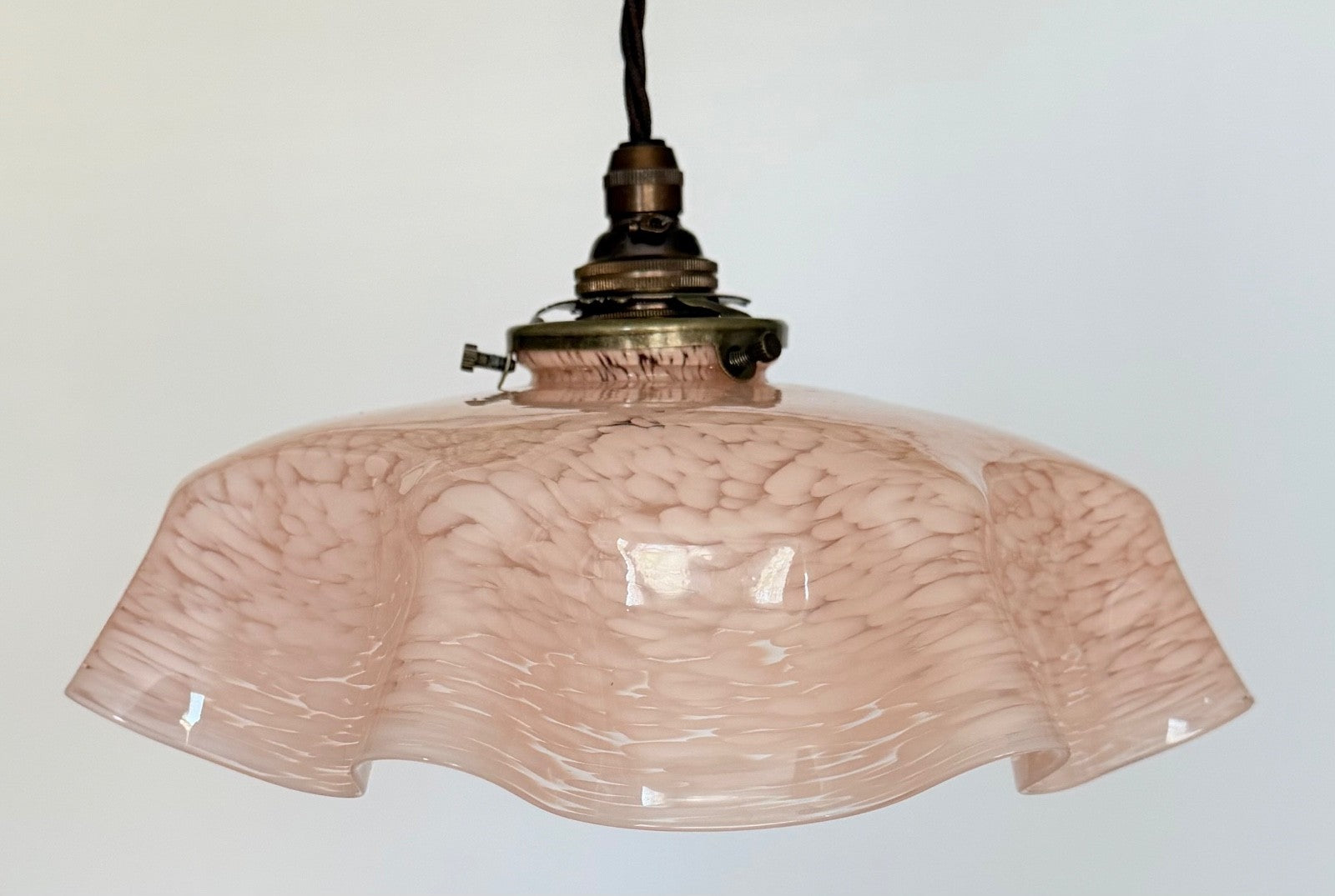 Vintage French marbled glass ceiling light shade pink tablecloth brass fittings1