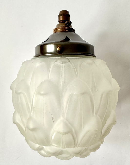 Vintage original French glass ceiling light shade sculpted globe + fittings 30s0
