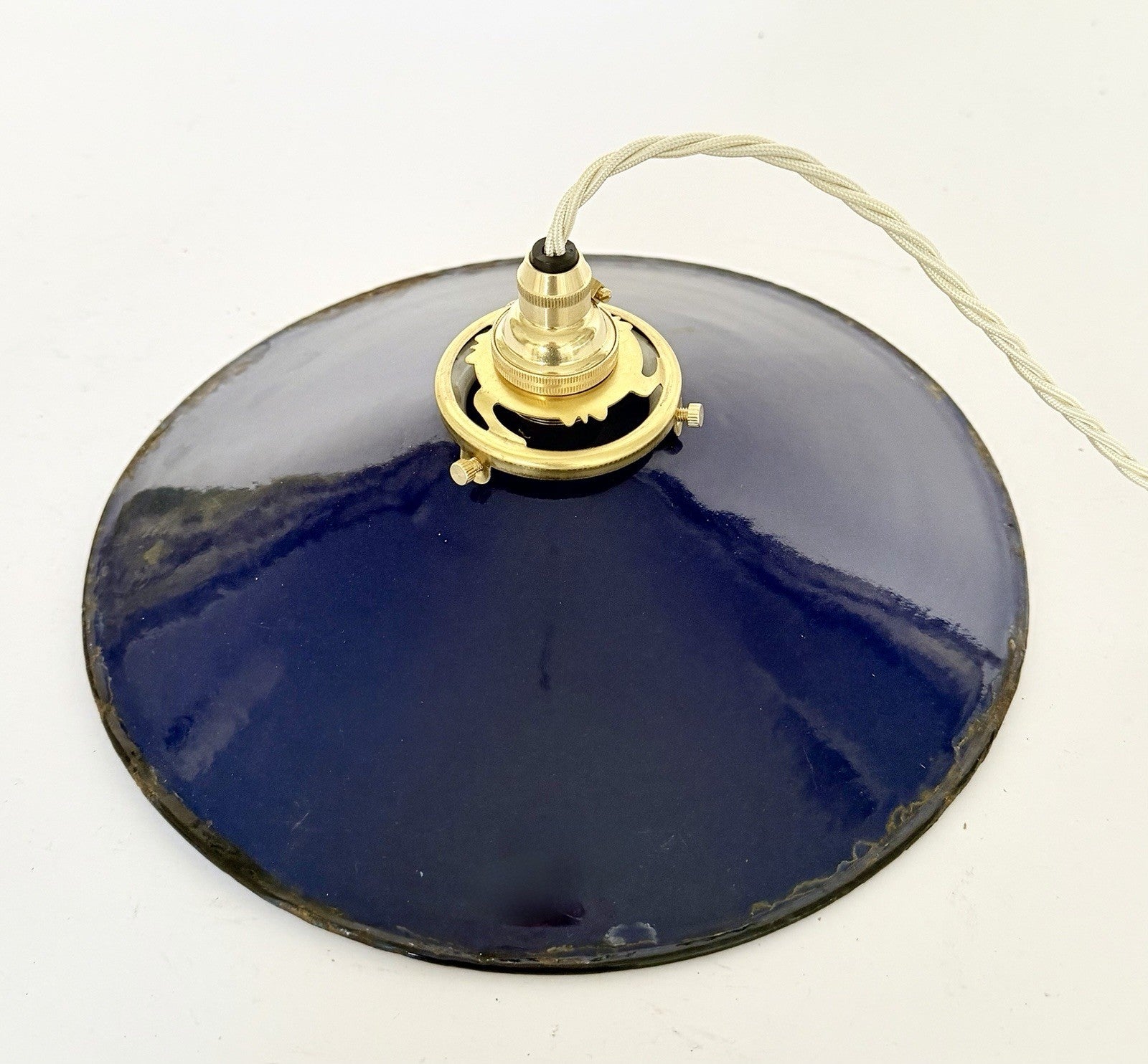 Vintage French blue enamel metal coolie ceiling light with ivory twist flex B3