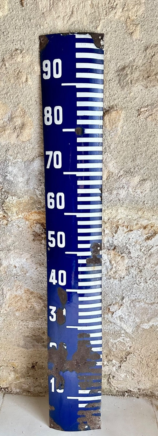 Vintage enamel water river depth gauge sign 1m x 15cm cobalt blue white0