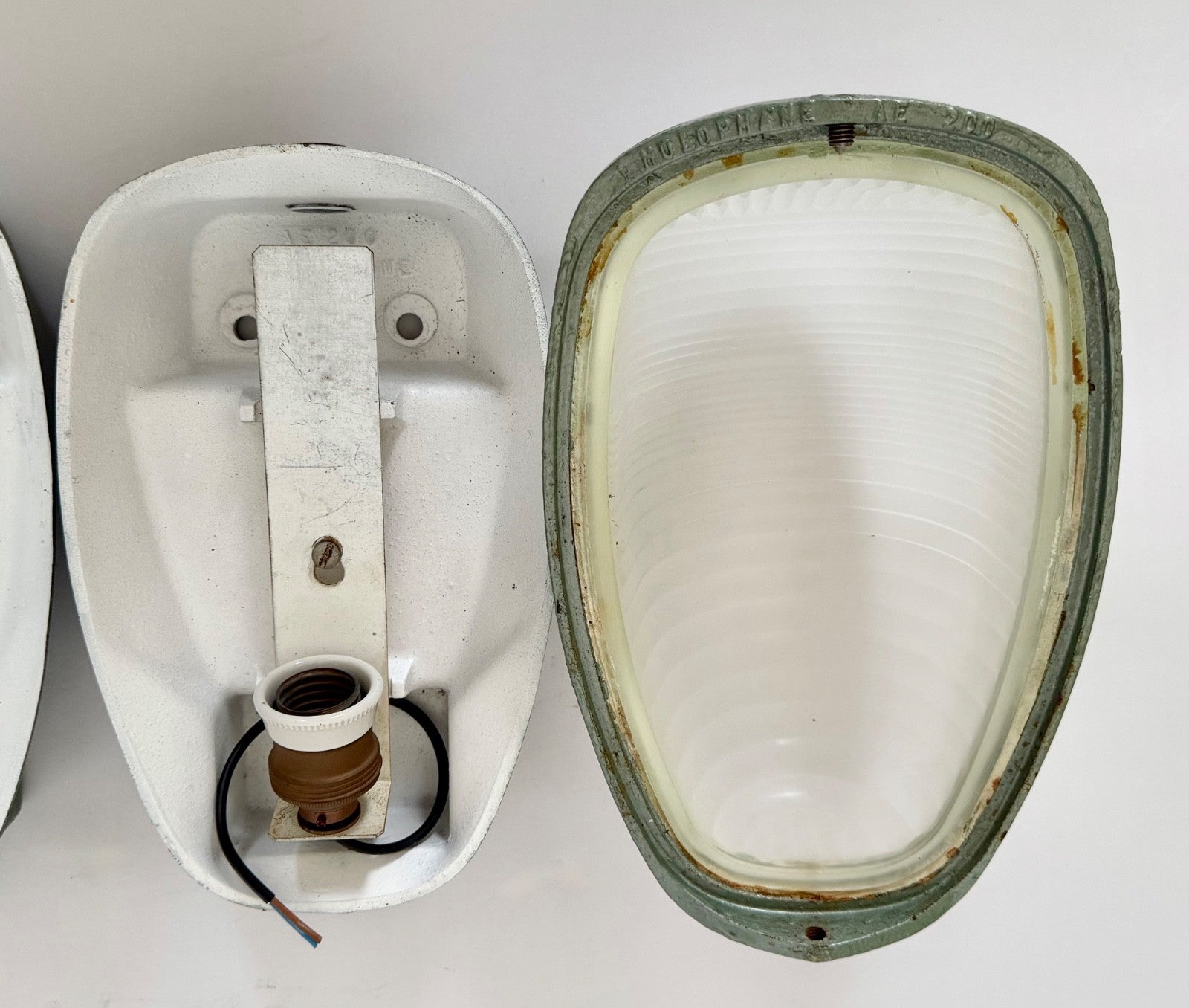 Pair Holophane Industrial Wall Light Sconces French 1950s Metal Glass AE2008