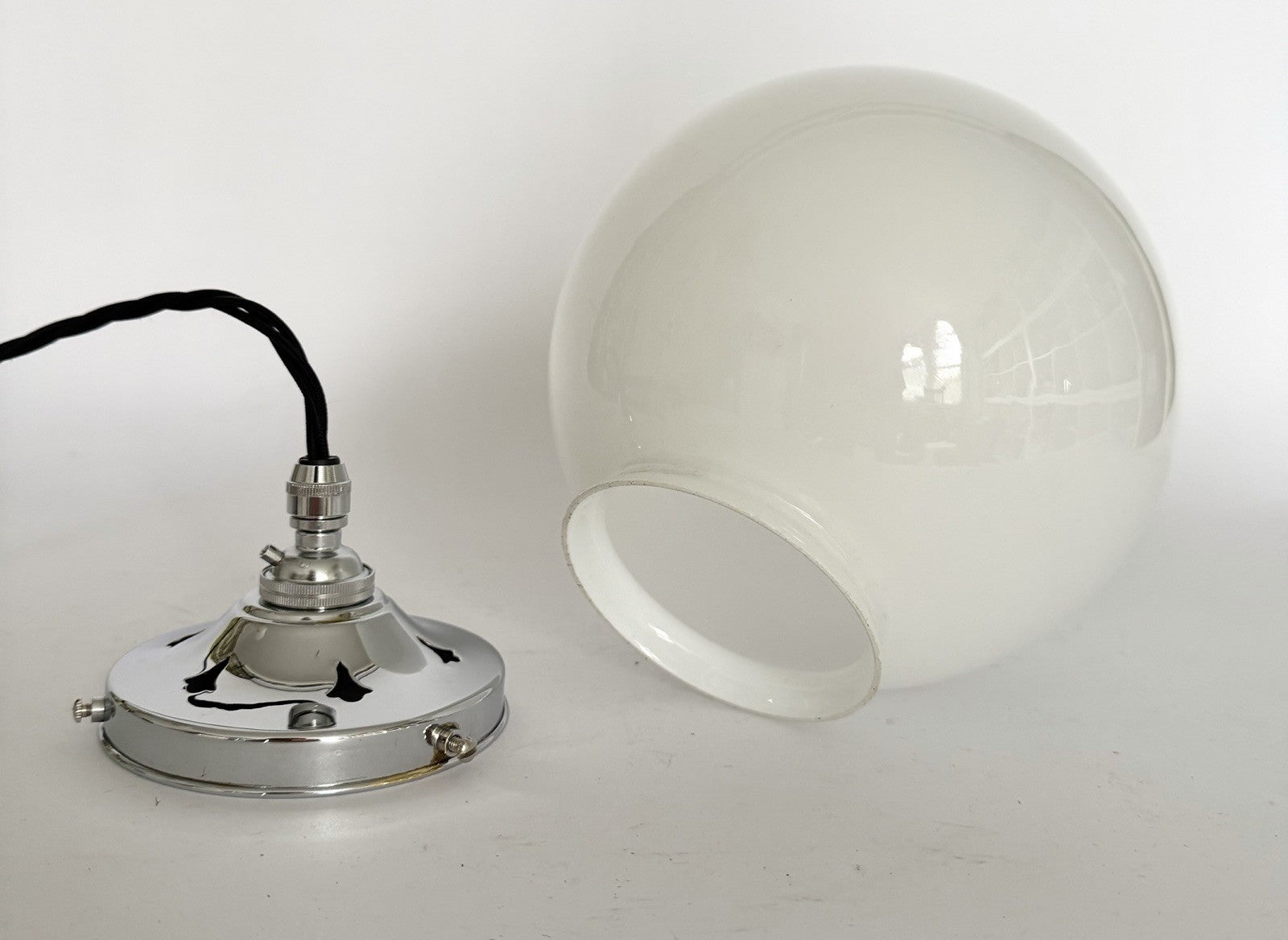 Vintage French opaline milk glass globe ceiling light shade + fittings3